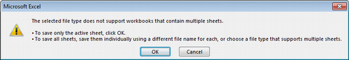 The selected file type does not support workbooks that contain multiple sheets